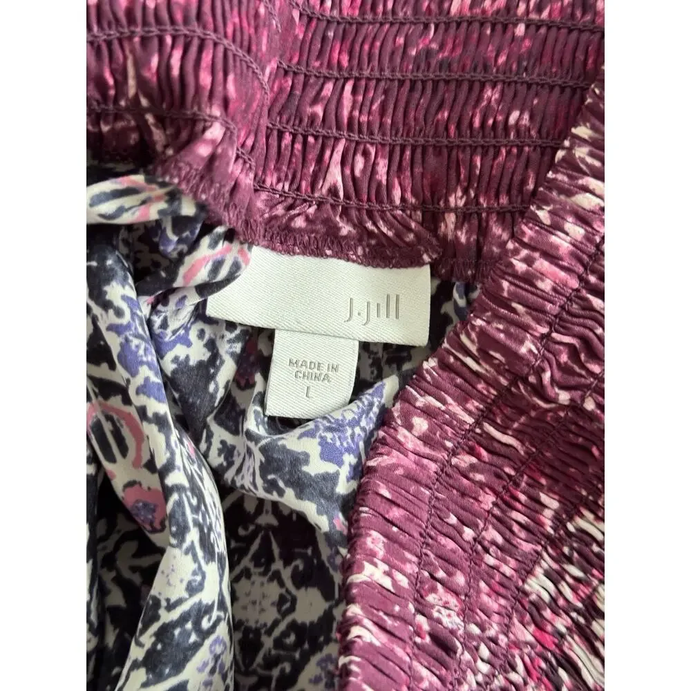 J Jill Smocked Waistband Midi Skirt Purple, Pink, Black Boho Print Silky Size L
